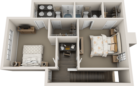 a 3d floor plan of a house with a bedroom and a living room